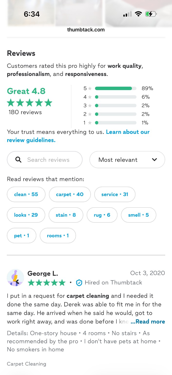 That Guy Cleaning Co. Thumbtack review rating showing 4.8 stars from 180 reviews